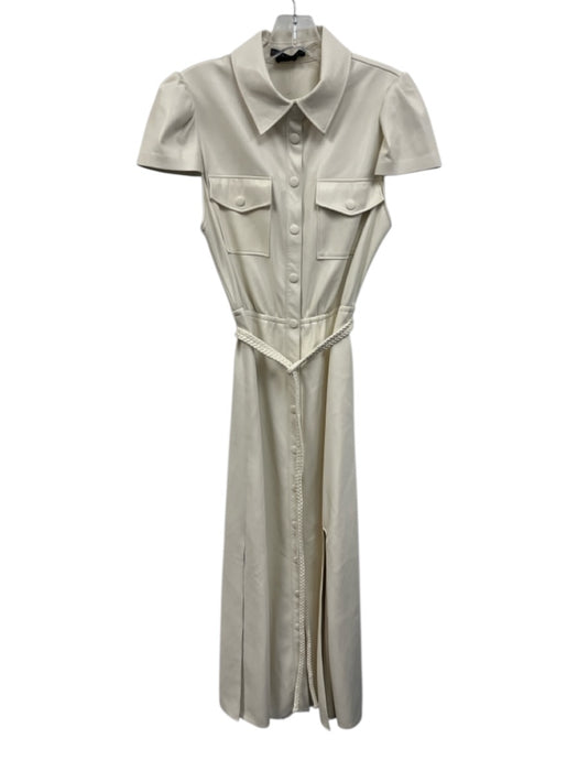 Alice + Olivia Size 4 Cream PU Leather Button Down Cap Sleeve Midi Dress Cream / 4