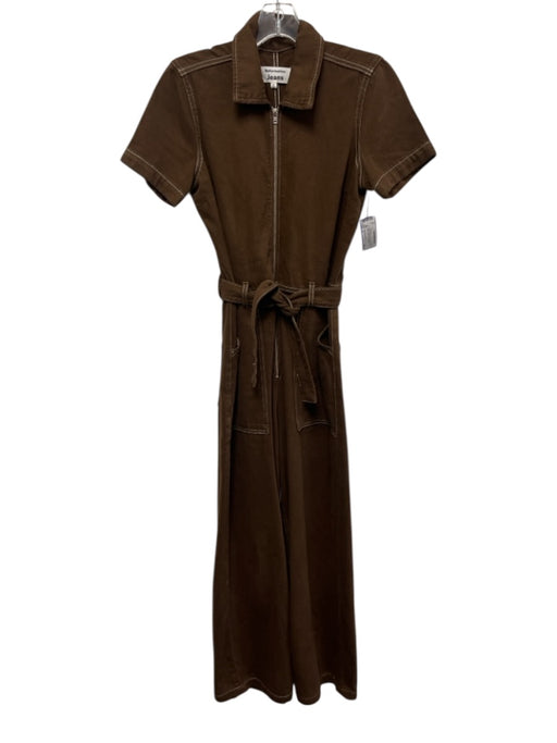 Reformation Jeans Size 4 Brown Cotton Blend Zip Short Sleeve Sash Jumpsuit Brown / 4