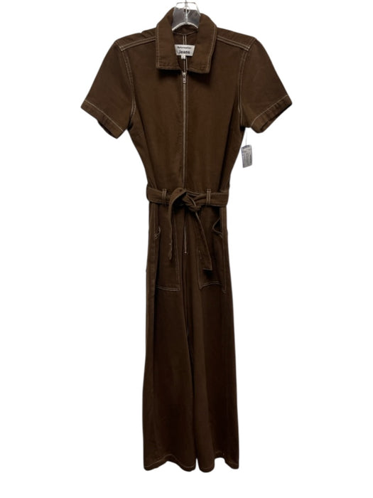 Reformation Jeans Size 4 Brown Cotton Blend Zip Short Sleeve Sash Jumpsuit Brown / 4