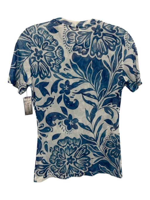 L'agence Size S White & Blue Mesh Floral Round Neck short sleeve Top White & Blue / S