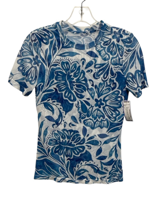 L'agence Size S White & Blue Mesh Floral Round Neck short sleeve Top White & Blue / S