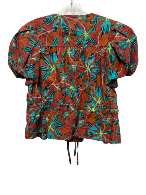 Ulla Johnson Size 4 Orange, Blue, Green Cotton Abstract Leaves Puff Sleeve Top Orange, Blue, Green / 4