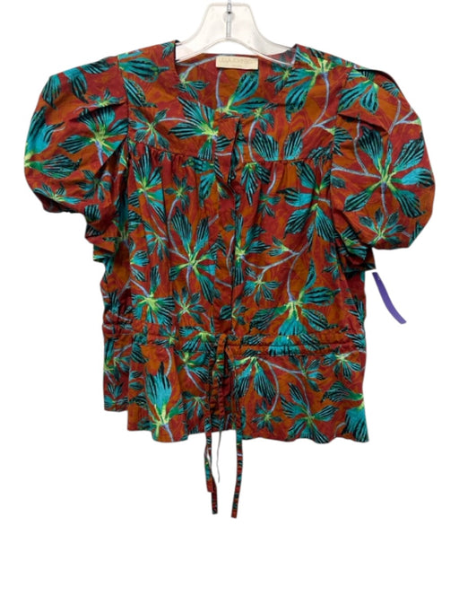 Ulla Johnson Size 4 Orange, Blue, Green Cotton Abstract Leaves Puff Sleeve Top Orange, Blue, Green / 4