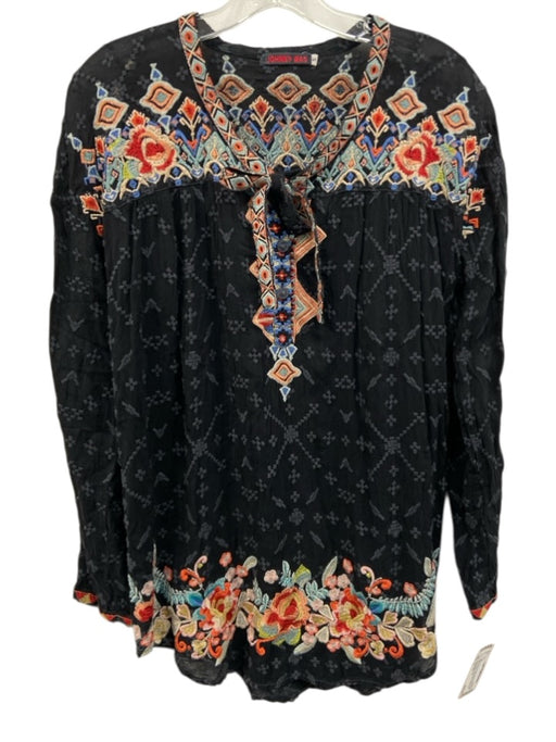 Johnny Was Size S Black, Blue, Orange Embroidered Floral Button Detail Top Black, Blue, Orange / S