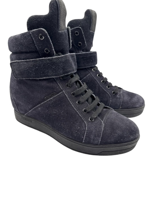 Prada Sport Shoe Size 39 Navy Blue Suede Velcro Lace Up High Top Wedge Sneakers Navy Blue / 39