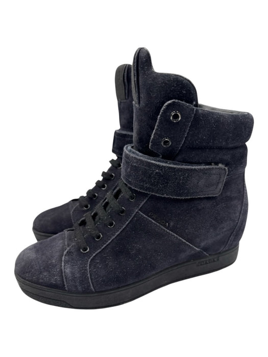 Prada Sport Shoe Size 39 Navy Blue Suede Velcro Lace Up High Top Wedge Sneakers Navy Blue / 39