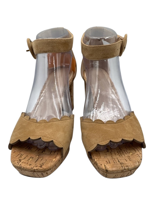 Pelle Moda Shoe Size 8.5 Tan Suede Upper Cork Scalloped Edge Block heel Sandals Tan / 8.5
