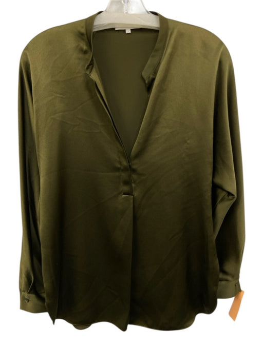 Vince Size S Olive Green Silk Long Cuff Sleeve V Neck stand collar Top Olive Green / S