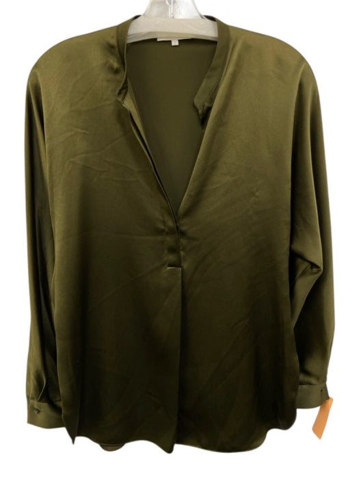 Vince Size S Olive Green Silk Long Cuff Sleeve V Neck stand collar Top Olive Green / S