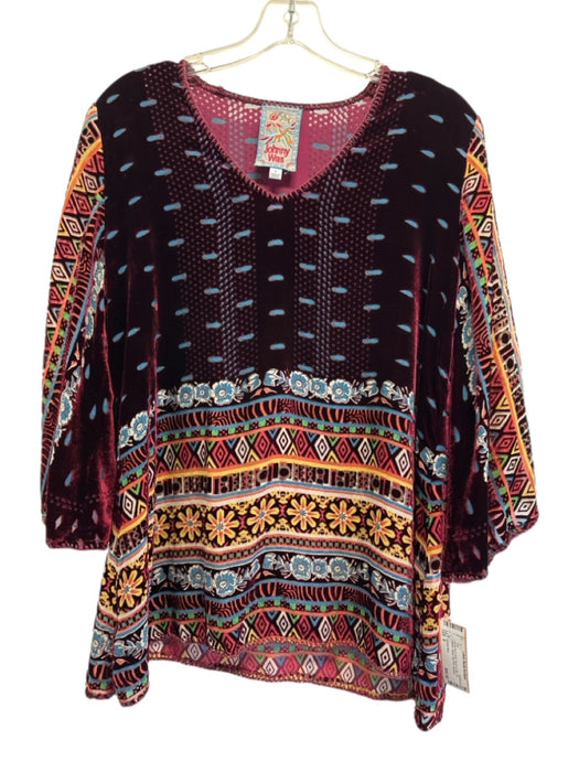 Johnny Was Size S Burgundy & multi Rayon & Silk 3/4 Sleeve Velvet Dot Print Top Burgundy & multi / S