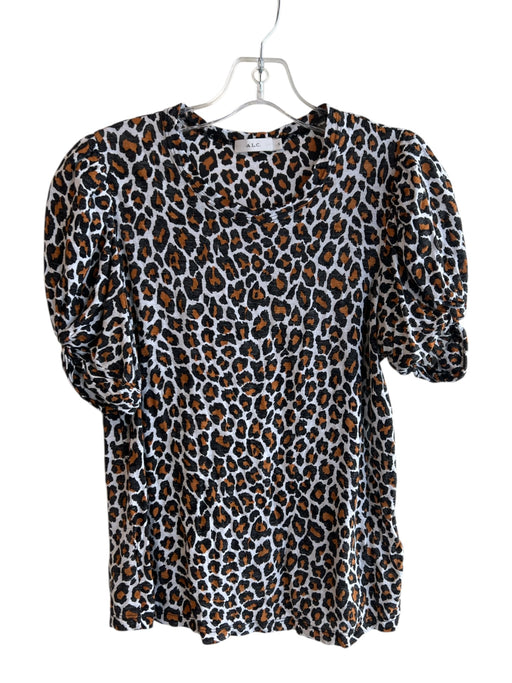 A.L.C. Size Small White, Black & Brown Cotton Short Puff Sleeve Animal Print Top White, Black & Brown / Small