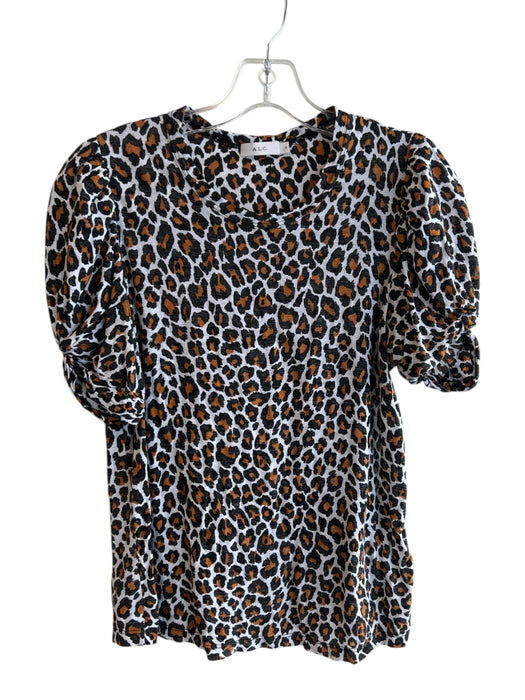 A.L.C. Size Small White, Black & Brown Cotton Short Puff Sleeve Animal Print Top White, Black & Brown / Small