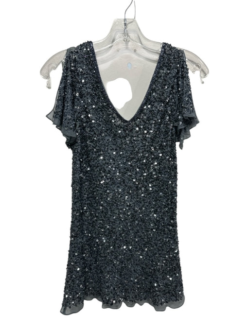 Adrianna Papell Size Medium Blue, Gray, Silver Silk Flutter Sleeves Ruched Top Blue, Gray, Silver / Medium