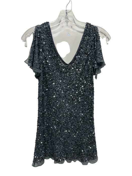 Adrianna Papell Size Medium Blue, Gray, Silver Silk Flutter Sleeves Ruched Top Blue, Gray, Silver / Medium