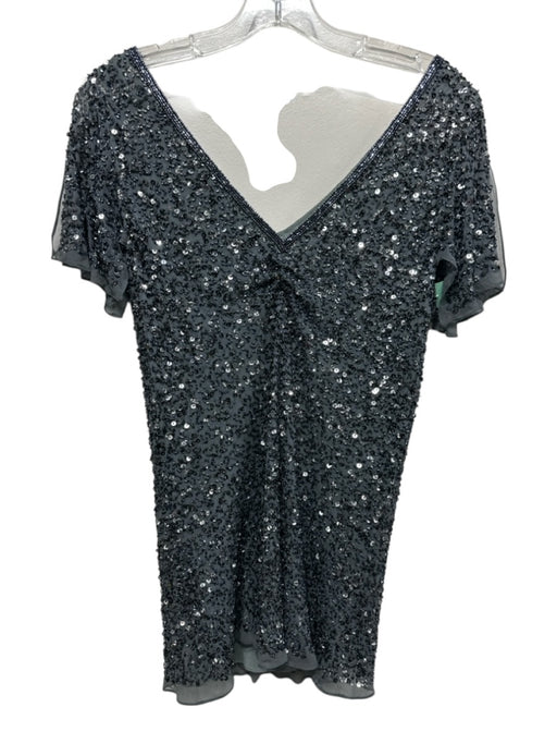 Adrianna Papell Size Medium Blue, Gray, Silver Silk Flutter Sleeves Ruched Top Blue, Gray, Silver / Medium