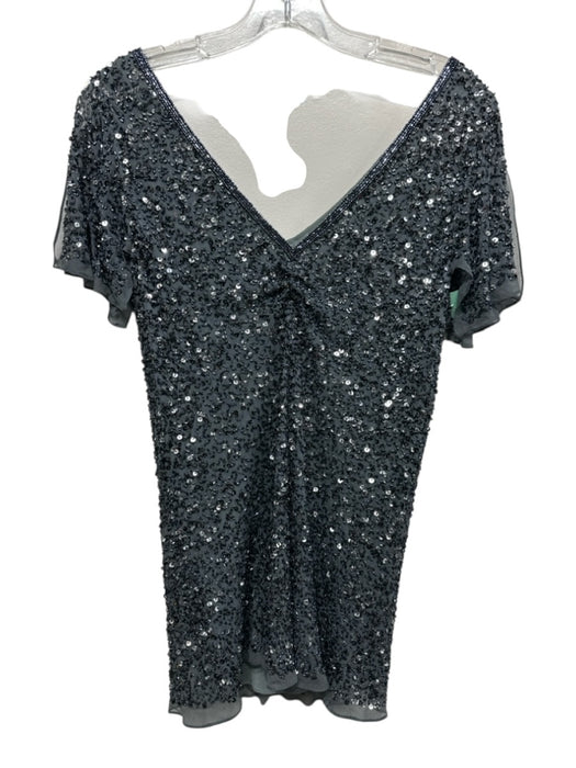 Adrianna Papell Size Medium Blue, Gray, Silver Silk Flutter Sleeves Ruched Top Blue, Gray, Silver / Medium
