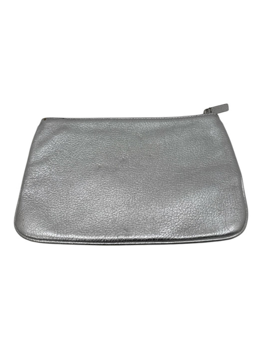 Balenciaga Silver Leather Metallic Logo Pouch Clutch Silver