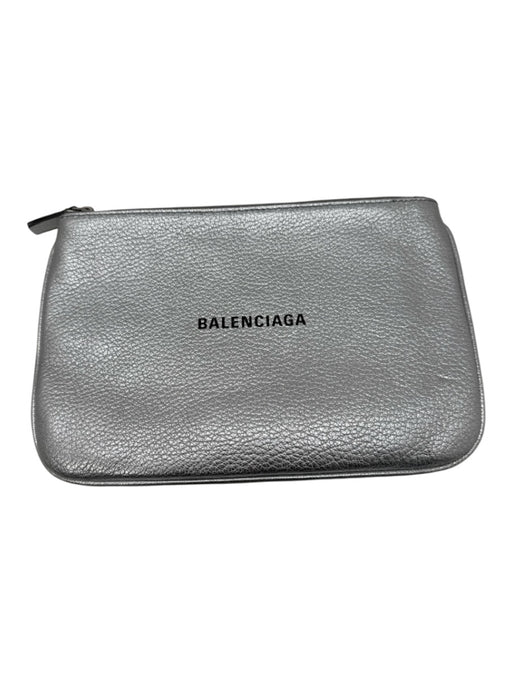Balenciaga Silver Leather Metallic Logo Pouch Clutch Silver