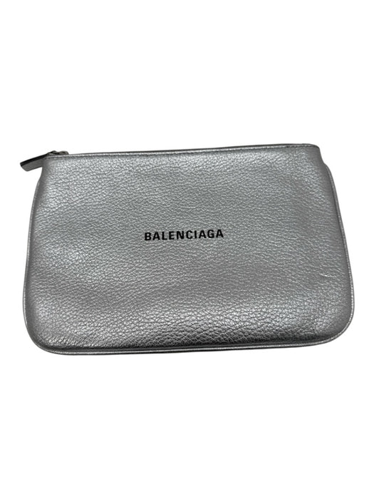 Balenciaga Silver Leather Metallic Logo Pouch Clutch Silver