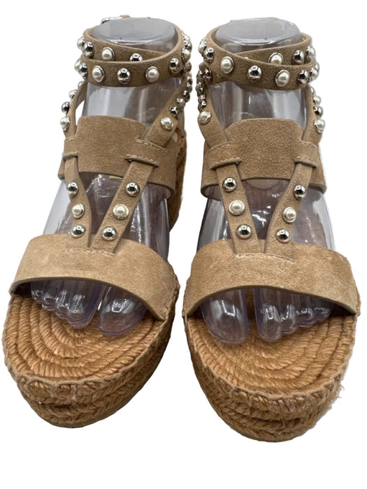 Jimmy Choo Shoe Size 38 Brown Suede & Raffia open toe Studded Espadrille Sandals