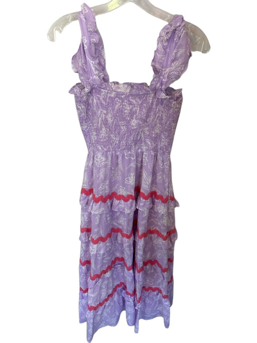 J.Marie Size S Purple & White Cotton Pleat Detail Ruffles Wavy Line Dress Purple & White / S