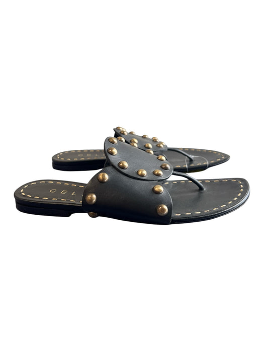 Celine Shoe Size 35.5 Black Leather Brass Stud Thong sandal Gladiator Shoes Black / 35.5