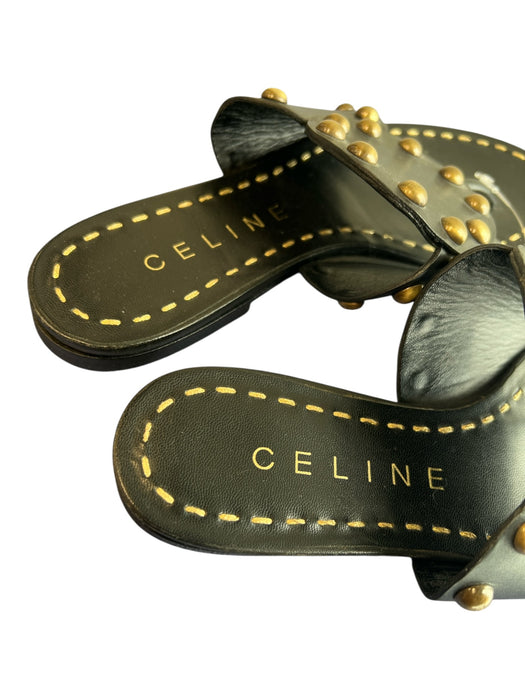Celine Shoe Size 35.5 Black Leather Brass Stud Thong sandal Gladiator Shoes Black / 35.5