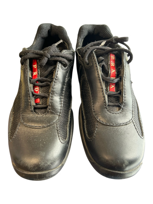 Prada Shoe Size 36.5 Black Leather Mesh Detail Round Toe Lace Up Sneaker Shoes Black / 36.5