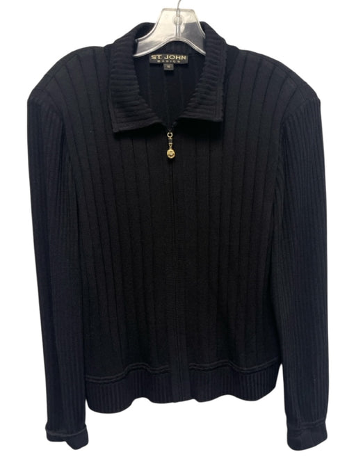 St John Basics Size 14 Black Wool Blend Long Sleeve Ribbed Zip Front Jacket Black / 14