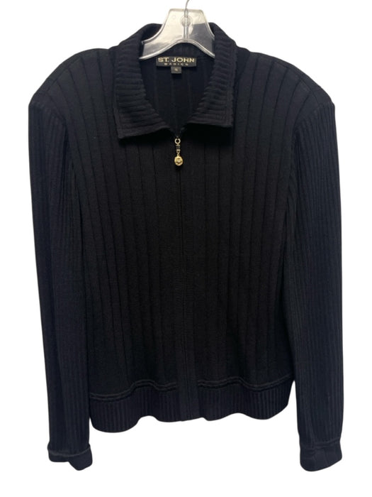 St John Basics Size 14 Black Wool Blend Long Sleeve Ribbed Zip Front Jacket Black / 14