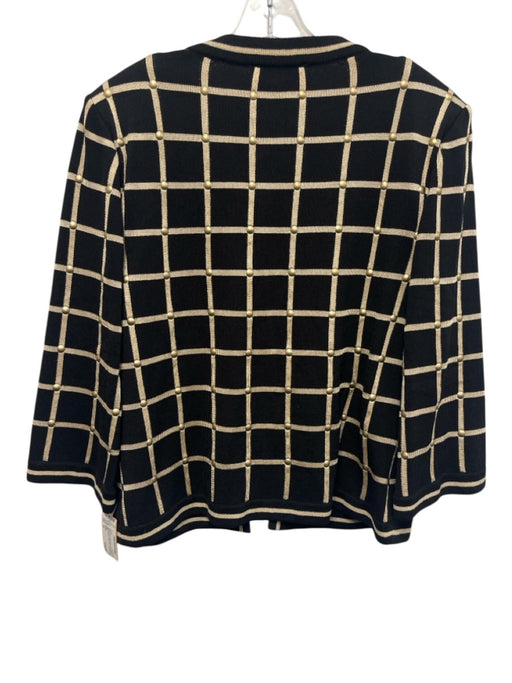 St John Size 14 Black & Gold Wool Blend Long Sleeve Windowpane Hook & Eye Jacket Black & Gold / 14