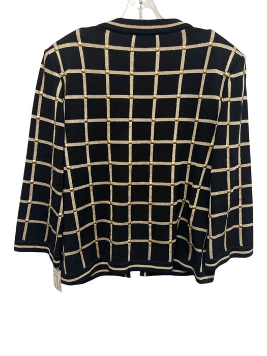 St John Size 14 Black & Gold Wool Blend Long Sleeve Windowpane Hook & Eye Jacket Black & Gold / 14