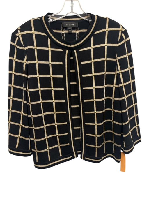 St John Size 14 Black & Gold Wool Blend Long Sleeve Windowpane Hook & Eye Jacket Black & Gold / 14