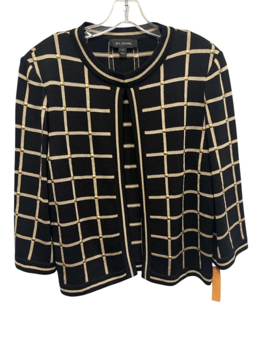 St John Size 14 Black & Gold Wool Blend Long Sleeve Windowpane Hook & Eye Jacket Black & Gold / 14