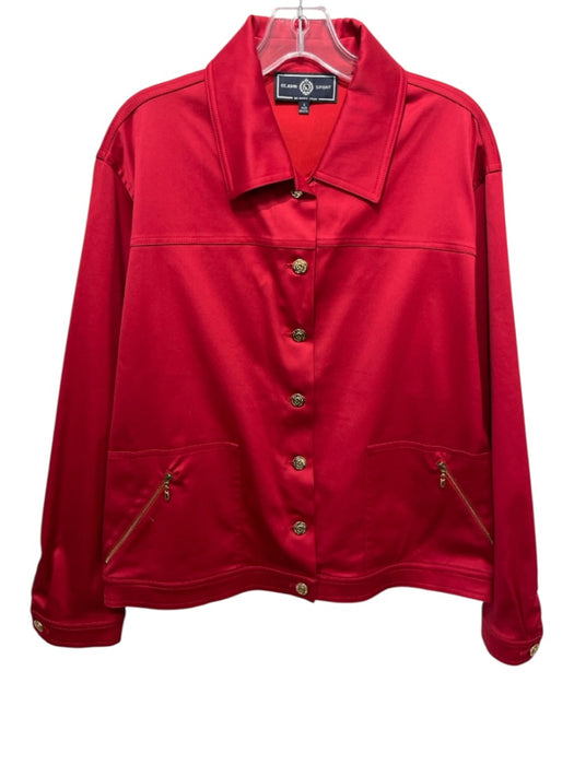 St John Sport Size Large Red Cotton Blend Long Sleeve Button Front Collar Jacket Red / Large