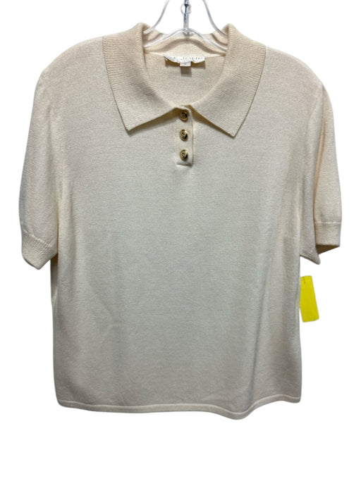 St. John Basics Size M Cream White Wool Blend Knit Short Sleeve Collar Top Cream White / M
