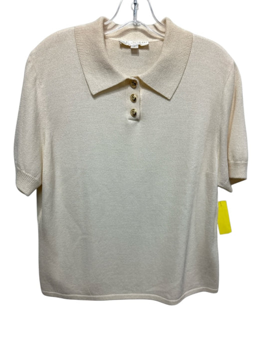 St. John Basics Size M Cream White Wool Blend Knit Short Sleeve Collar Top Cream White / M