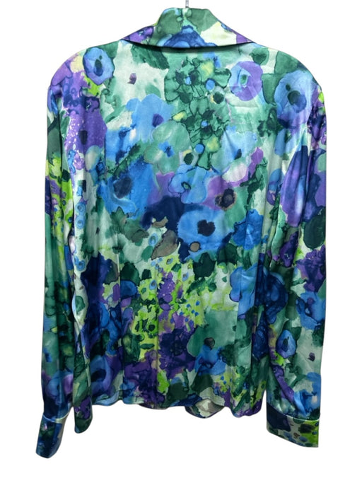 St. John Size L Blue, Green & Purple Silk Blend Long Sleeve Ruffle collar Top Blue, Green & Purple / L