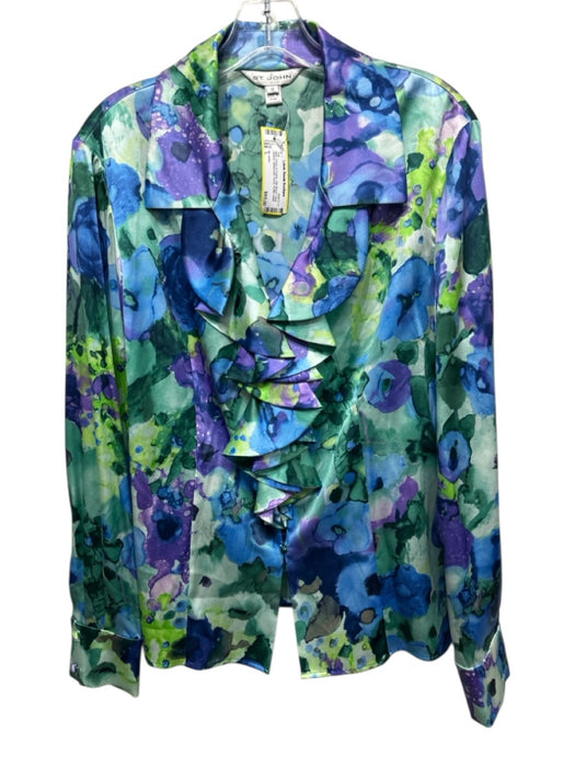 St. John Size L Blue, Green & Purple Silk Blend Long Sleeve Ruffle collar Top Blue, Green & Purple / L