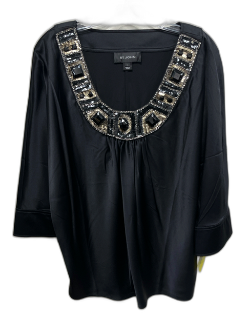 St John Size Large Black, Silver, Gold Silk Blend Long Sleeve Embellished Top Black, Silver, Gold / Large