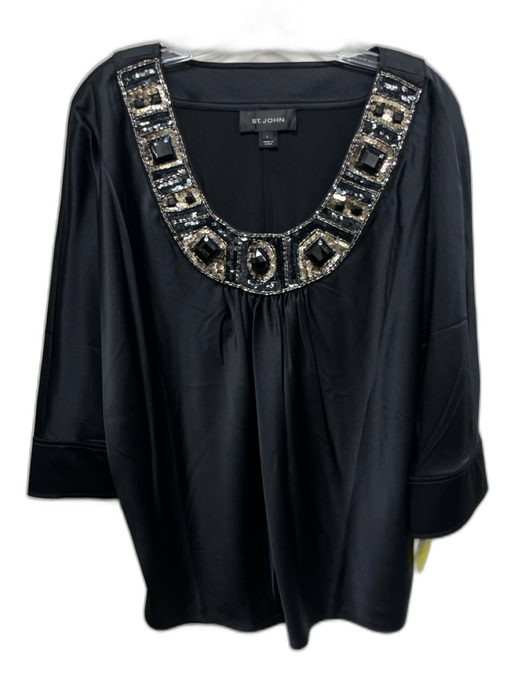 St John Size Large Black, Silver, Gold Silk Blend Long Sleeve Embellished Top Black, Silver, Gold / Large
