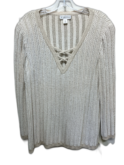 St John Sport Size XL Beige & Cream Wool Blend Long Sleeve Open Knit V Neck Top Beige & Cream / XL