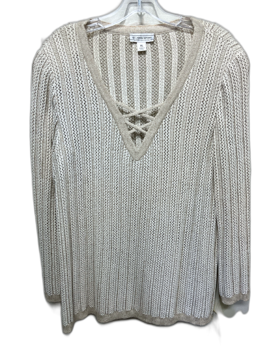 St John Sport Size XL Beige & Cream Wool Blend Long Sleeve Open Knit V Neck Top Beige & Cream / XL