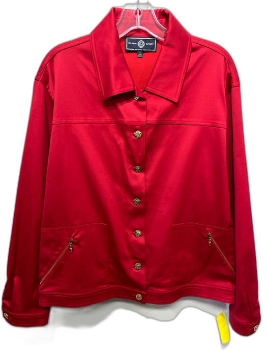 St John Sport Size Large Red Cotton Blend Long Sleeve Button Front Collar Jacket Red / Large