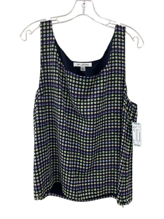 St. John Size XL Navy, Green & Purple Silk Blend Sleeveless Circles Side Zip Top Navy, Green & Purple / XL