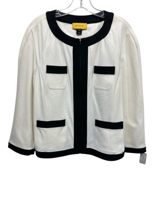 St. John Size 14 Cream & Black Viscose Zip Up Patch Pocket Trim Detail Jacket Cream & Black / 14