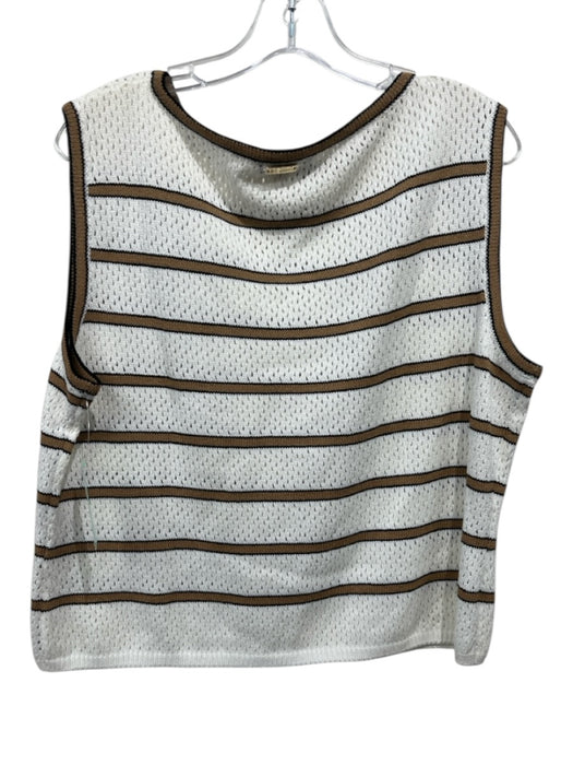 St. John Sport Size L white & tan Rayon & Wool Open Knit Horizontal Stripe Top white & tan / L