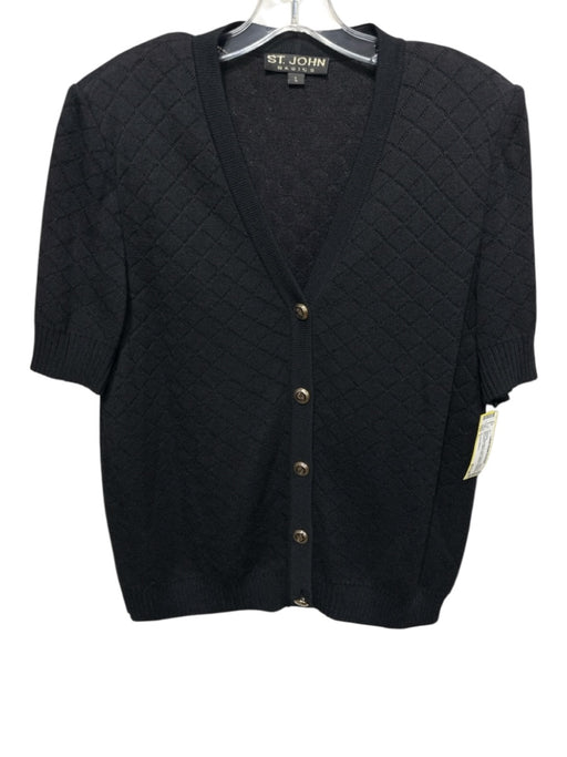 St. John Basics Size L Black Wool Blend Short Sleeve Padded Shoulders Sweater Black / L