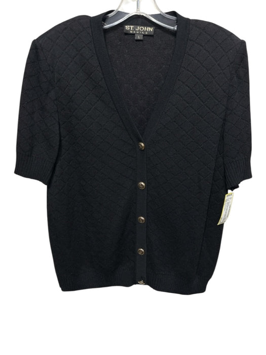 St. John Basics Size L Black Wool Blend Short Sleeve Padded Shoulders Sweater Black / L