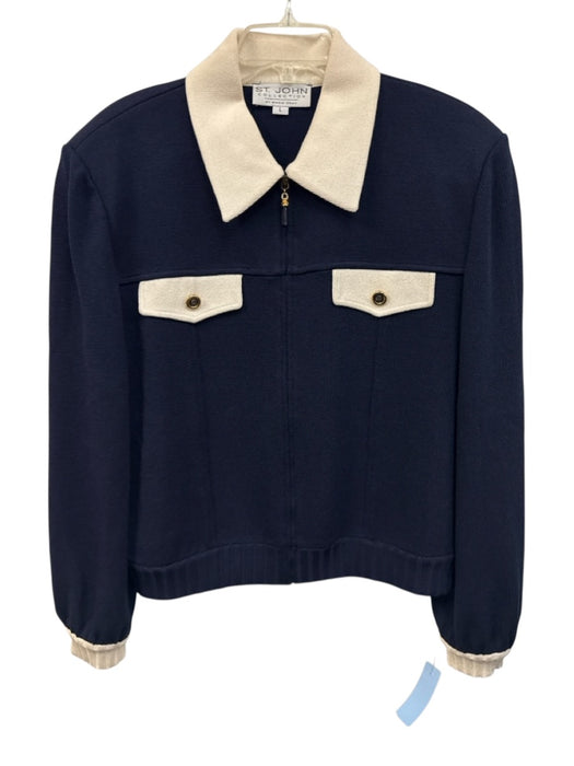 St John Collection Size L Navy Blue & White Wool Knit Color Block Collar Jacket Navy Blue & White / L